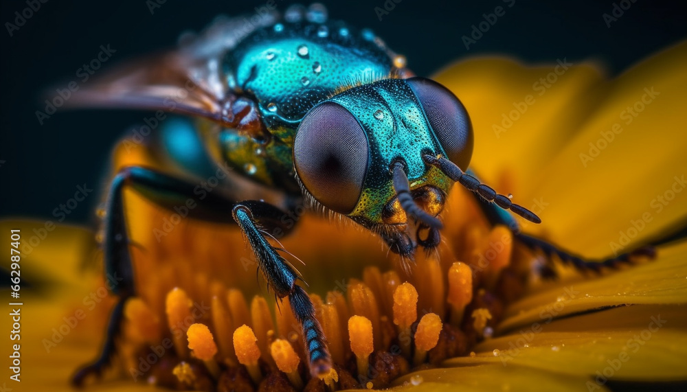 Yellow bee on green flower, macro beauty in nature pollination generated by AI