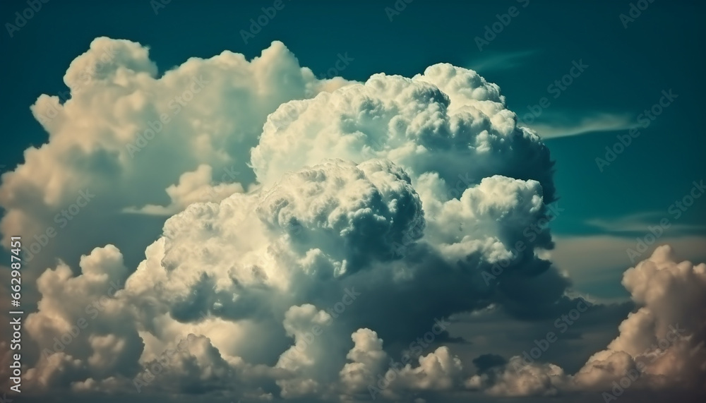 Fluffy cumulus clouds fill the bright blue summer sky generated by AI