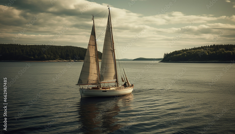 Sailing yacht on tranquil water, crew hoisting jib, sunset reflection generated by AI