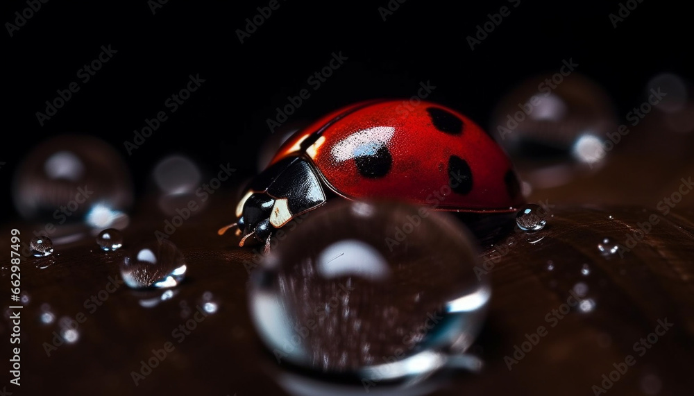 Tranquil ladybug crawls on wet green leaf in nature beauty generated by AI