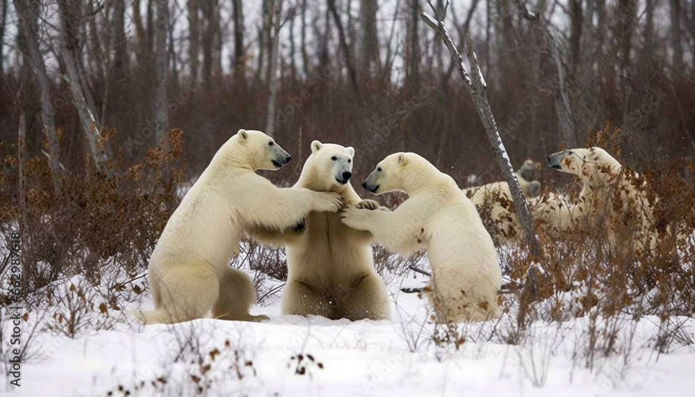 Three playful arctic mammals walking in the snowy forest generated by AI