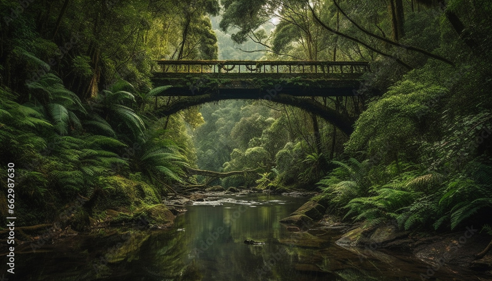 Tranquil scene of a forest landscape with flowing water and bridge generated by AI