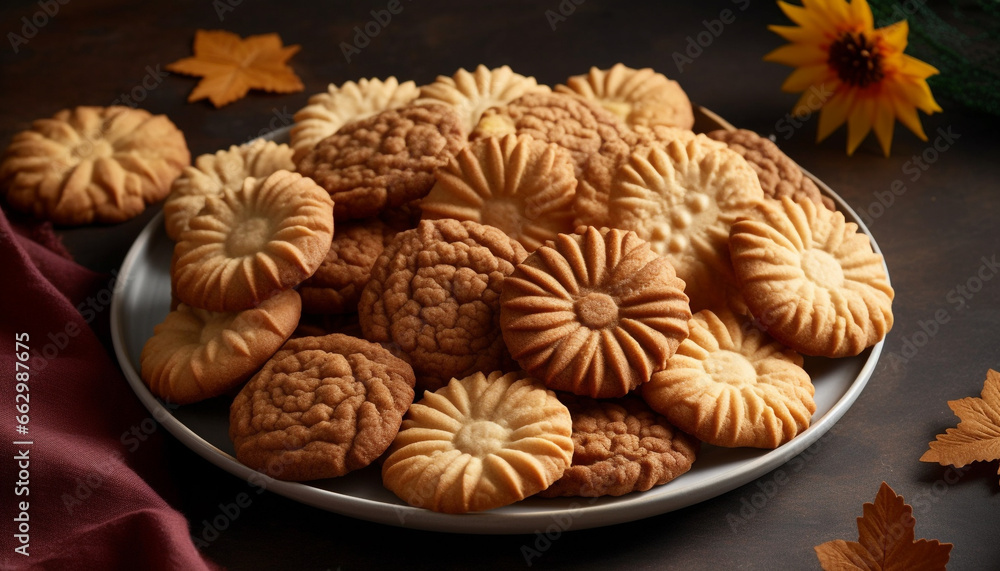 Homemade baked shortbread, chocolate chip and sugar cookies on tray generated by AI