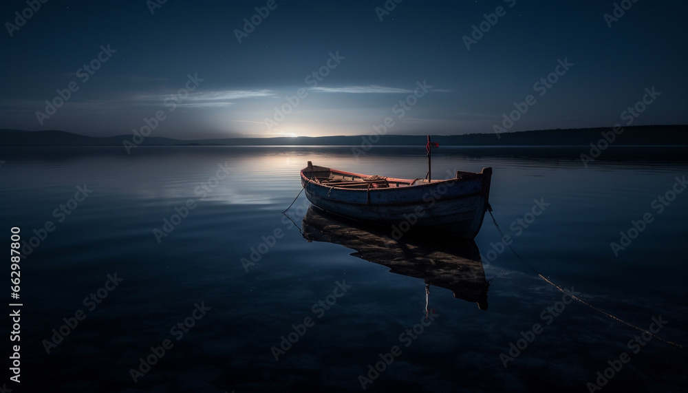 Silent fishing boat reflects tranquil sunset on nautical horizon generated by AI