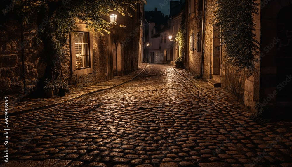 Medieval architecture illuminated by old fashioned lanterns on cobblestone streets generated by AI