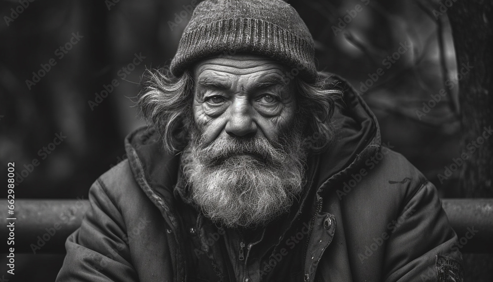 Senior man with gray hair and beard sitting outdoors in winter generated by AI