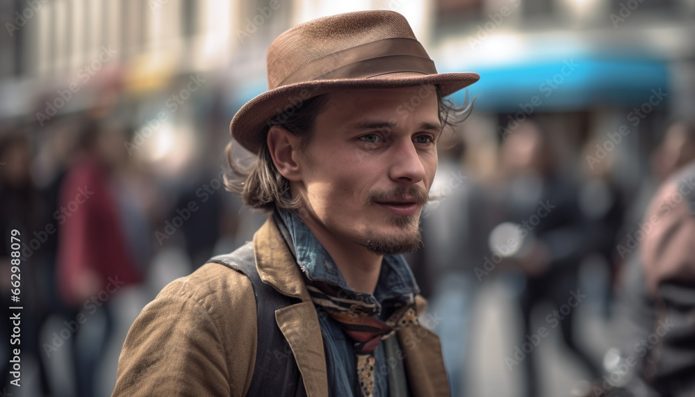 Confident young adult male in casual clothing walking in city generated by AI