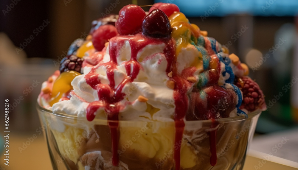 Indulgent ice cream sundae with fresh fruit and whipped cream decoration generated by AI