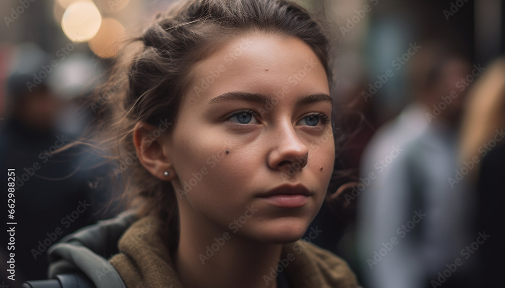 Young adult woman with brown hair smiling at camera outdoors generated by AI