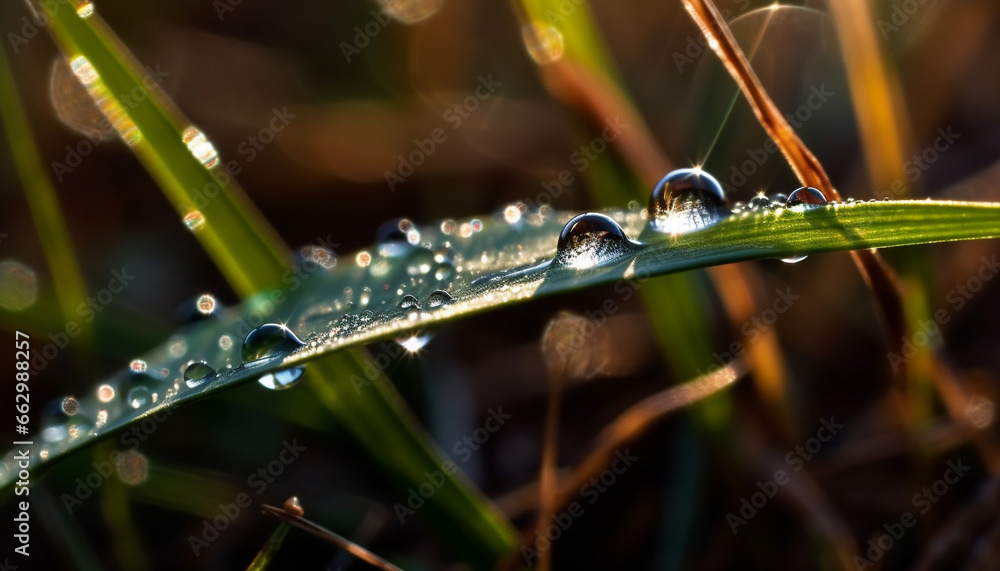 Fresh green dew drops on blade of grass in nature generated by AI