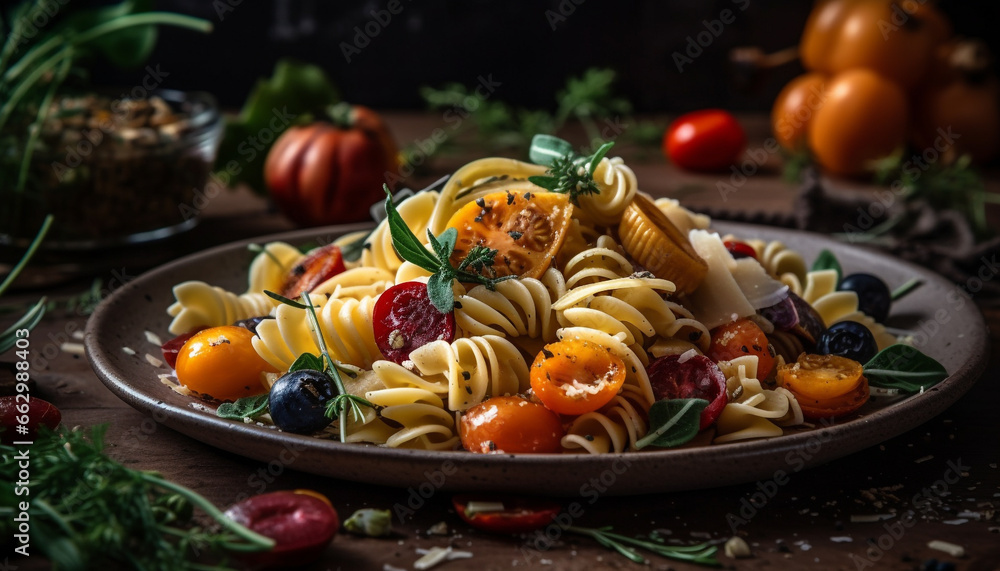 Healthy vegetarian pasta meal with fresh cherry tomatoes and herbs generated by AI