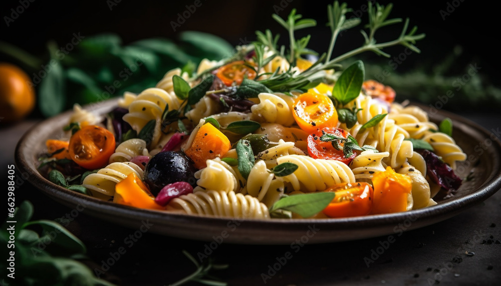 Healthy gourmet pasta meal with fresh tomato and vegetable variation generated by AI