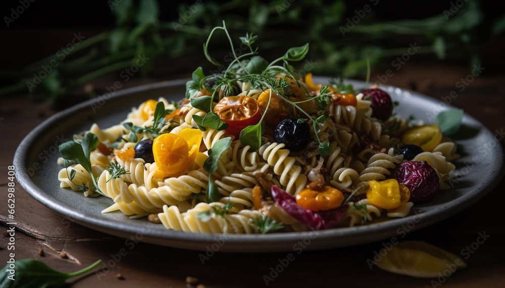 Healthy vegetarian pasta salad with fresh tomato and leafy greens generated by AI