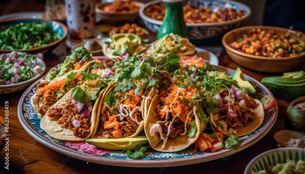 Mexican culture on a plate  Beef taco with guacamole and spice generated by AI