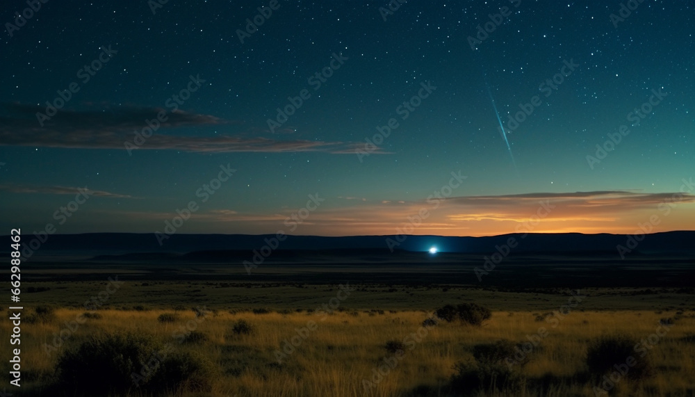 Tranquil scene illuminated by star field in majestic mountain range generated by AI