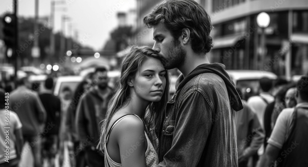 Young couple embracing on city street, smiling with love and happiness generated by AI