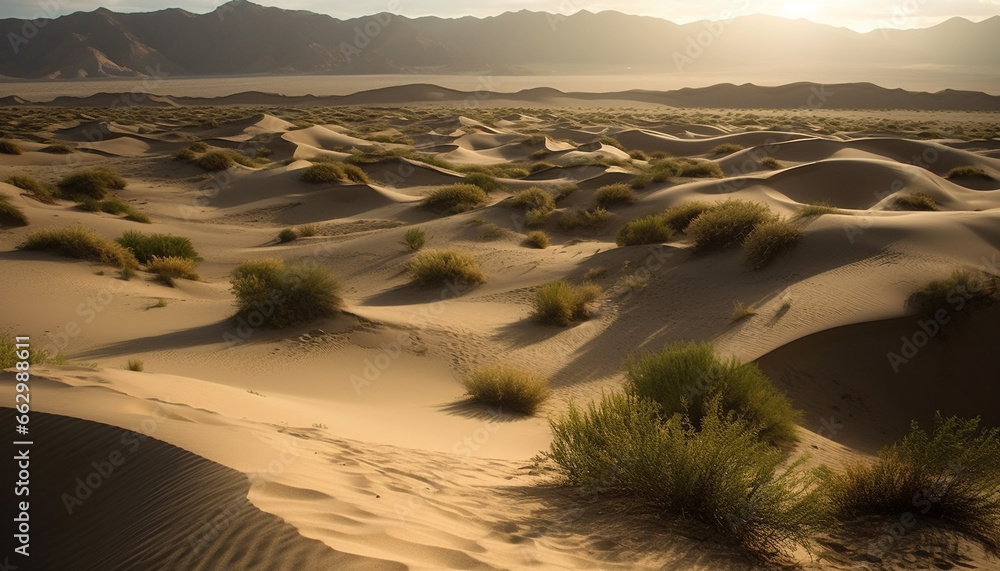 Rippled sand dunes in arid Africa, majestic mountain range backdrop generated by AI