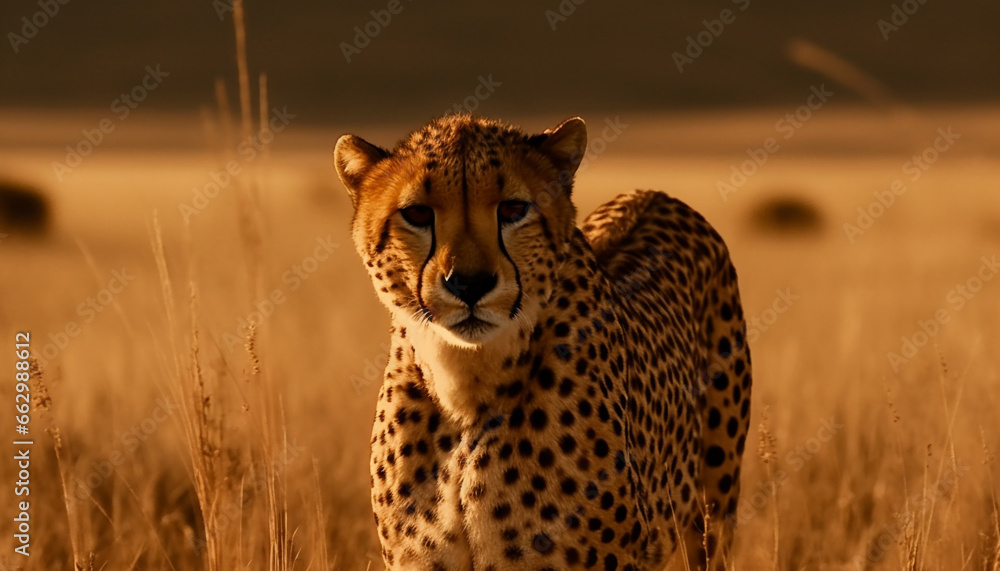 African cheetah walking in the wilderness, watching the sunset generated by AI