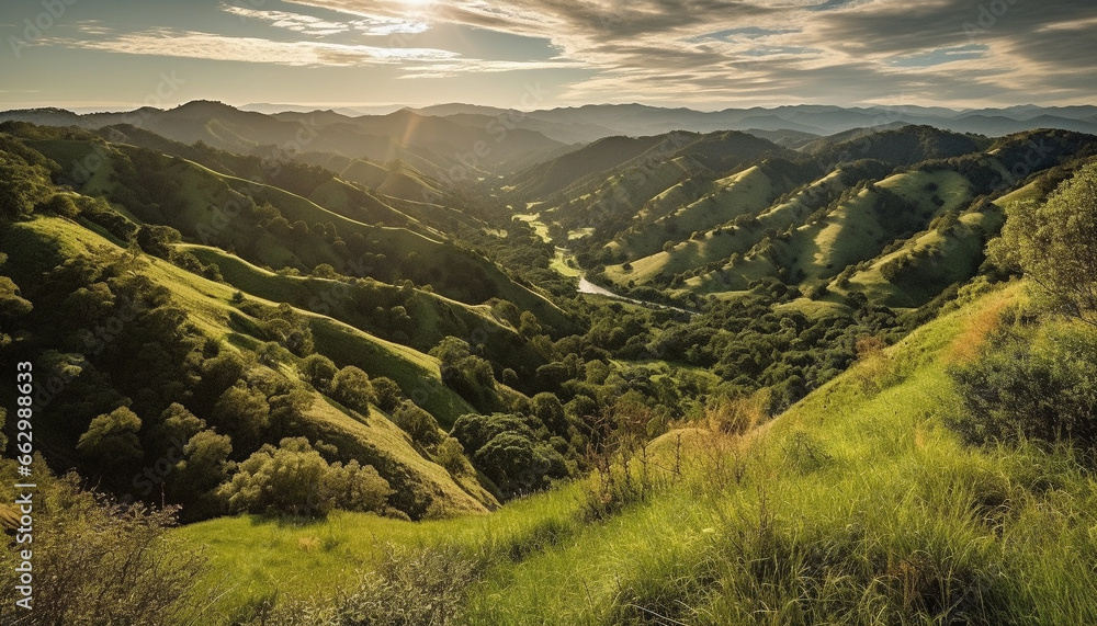 Tranquil sunrise over panoramic mountain range, idyllic rural scene generated by AI