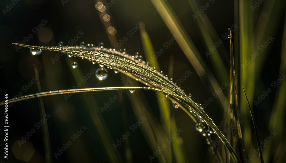 Fresh green dew drops on blade of grass in summer meadow generated by AI