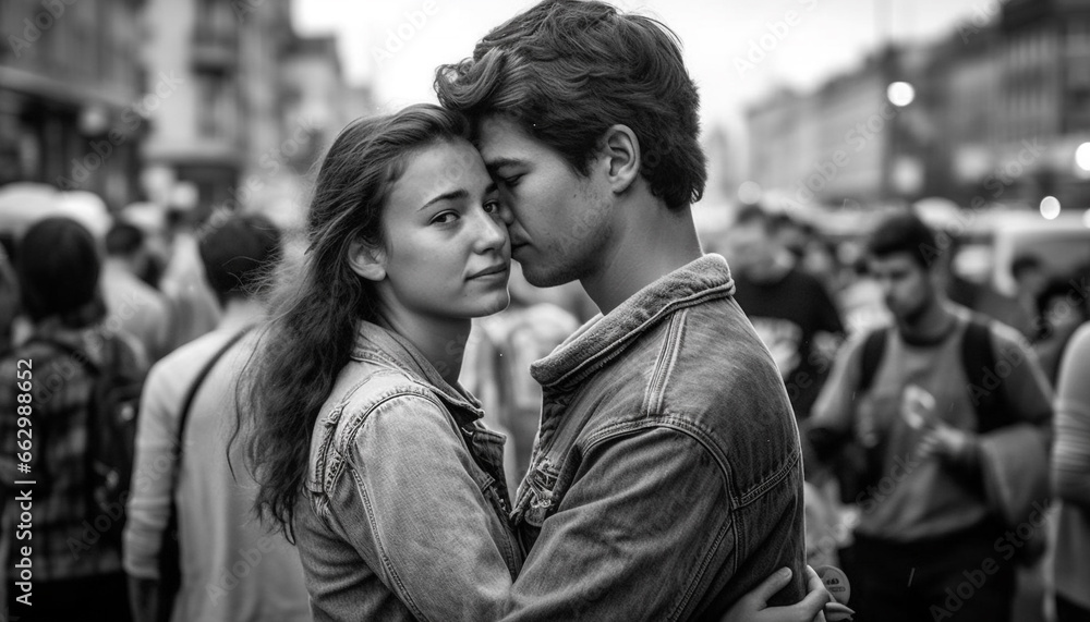 Young couple embracing, smiling, and flirting on city street generated by AI