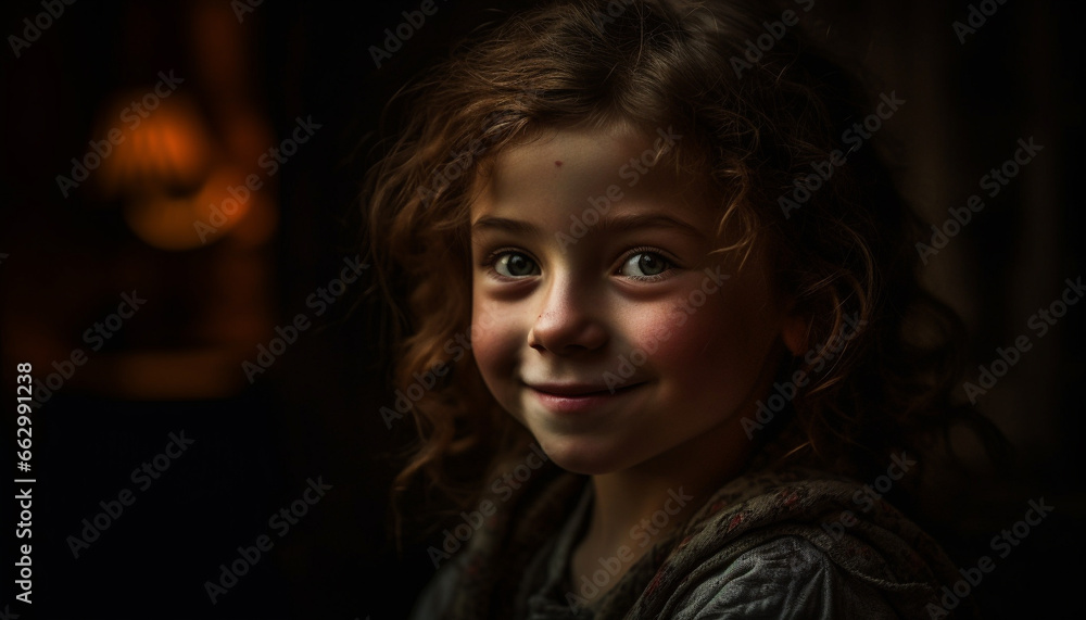 Cute Caucasian girl with brown curly hair smiling at camera outdoors generated by AI