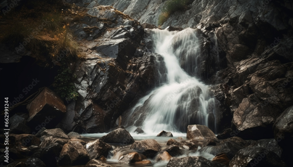 Tranquil scene of flowing water in nature beauty, surrounded by mountains generated by AI