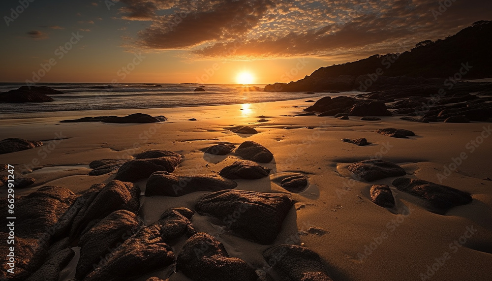 Tranquil seascape at dusk  horizon over water, yellow sunlight, reflection generated by AI