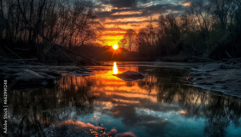 Tranquil scene of nature beauty  sunset, reflection, tree, pond generated by AI