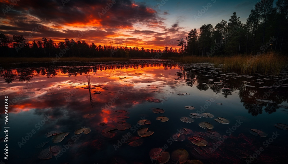 Tranquil scene of nature beauty  sunset reflection on pond generated by AI