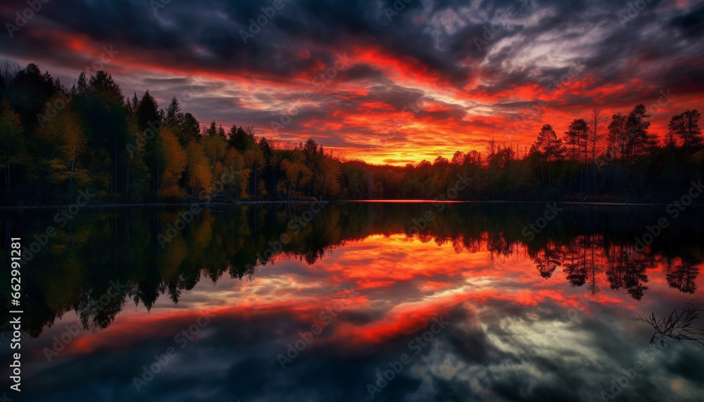 Tranquil sunset over majestic mountain, reflecting vibrant colors in pond generated by AI