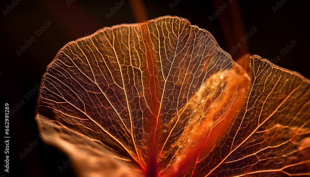 Vibrant autumn leaf pattern, glowing with orange and yellow colors generated by AI