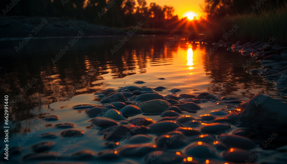 Golden sun sets over tranquil waters, reflecting nature beauty generated by AI