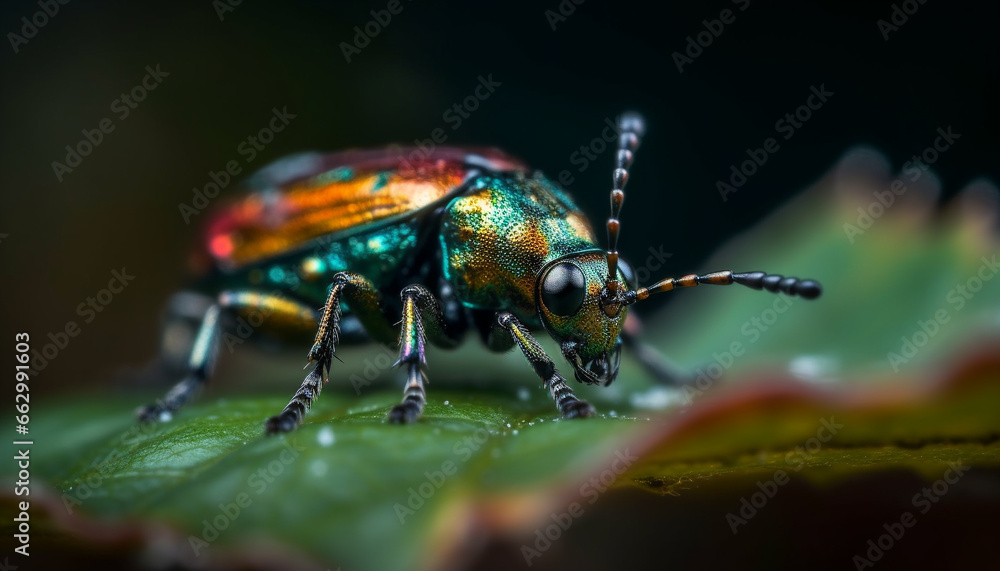 Small arthropod on green leaf, multi colored weevil in focus foreground generated by AI