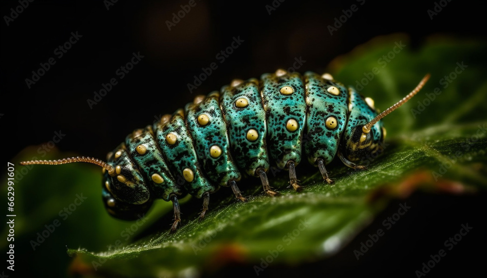 Striped caterpillar crawls on wet green leaf in springtime forest generated by AI