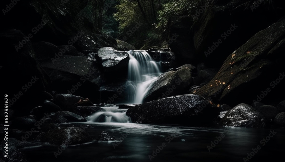 Tranquil scene of flowing water in a tropical rainforest environment generated by AI