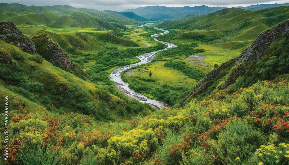 Tranquil meadow, green trees, blue sky, hiking adventure in nature generated by AI