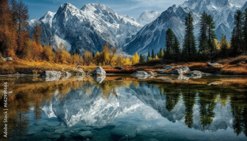 Tranquil scene of majestic mountain range reflects natural beauty generated by AI