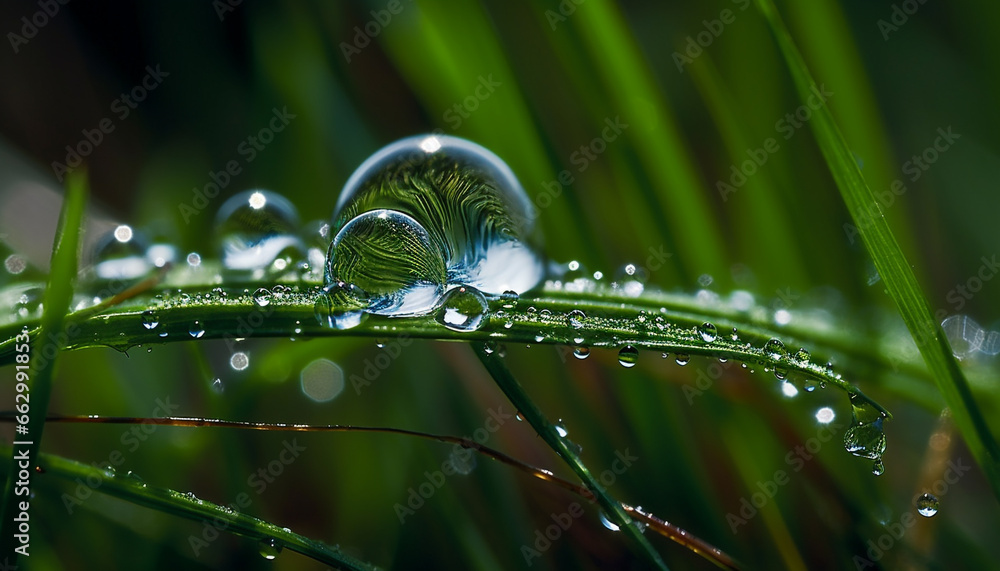 Fresh green leaf with dew drop reflects vibrant summer meadow generated by AI