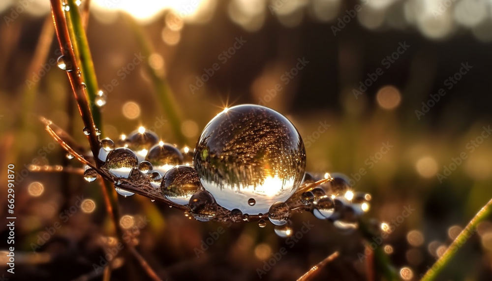 Sunset sphere glows with abstract pattern, reflecting wet autumn meadow generated by AI