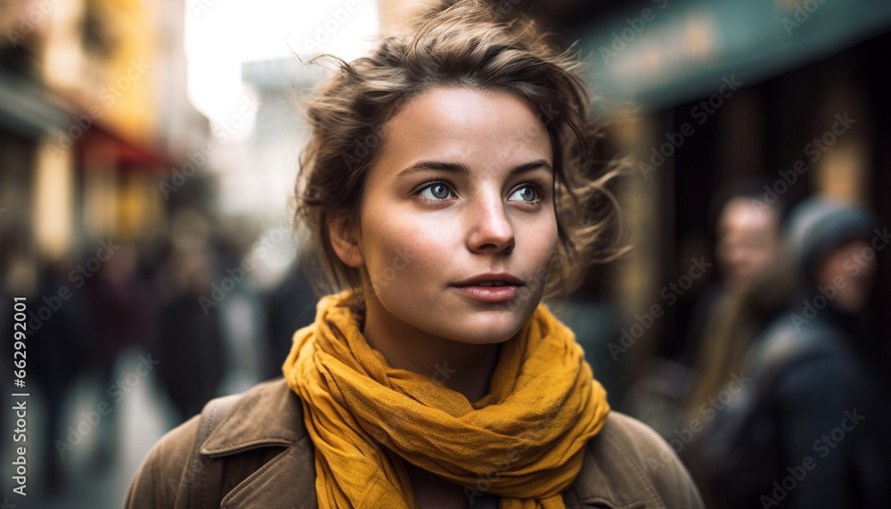 Young woman in city, smiling with confidence and elegance generated by AI