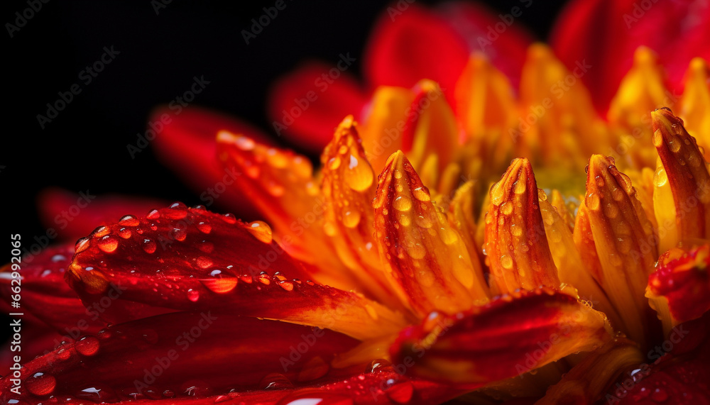 Vibrant gerbera daisy blossom, wet with dew, reflects beauty outdoors generated by AI