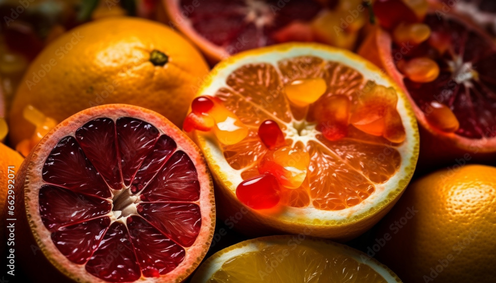 Juicy citrus slices on wooden table, vibrant colors and freshness generated by AI