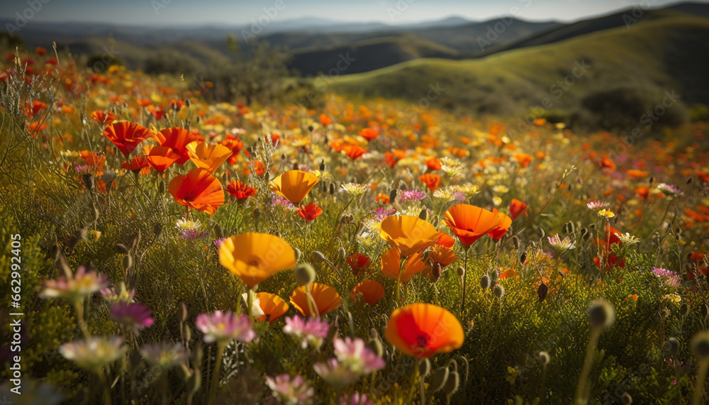 A vibrant meadow of wildflowers in the tranquil rural landscape generated by AI