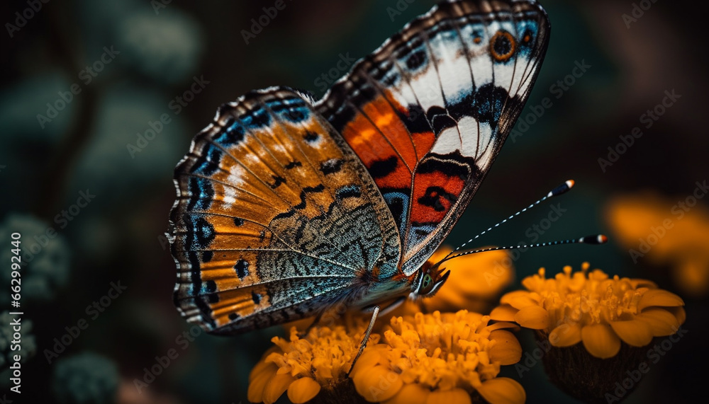 Vibrant butterfly pollinates spotted flower in tranquil nature scene generated by AI