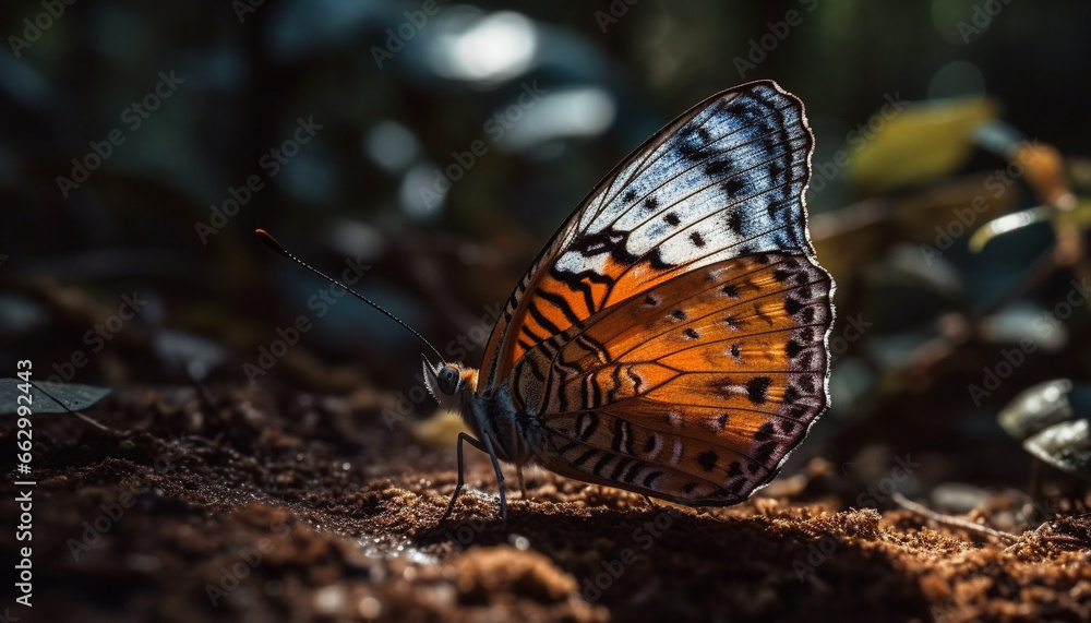 Vibrant butterfly spotted in tranquil forest, pollinating endangered species generated by AI