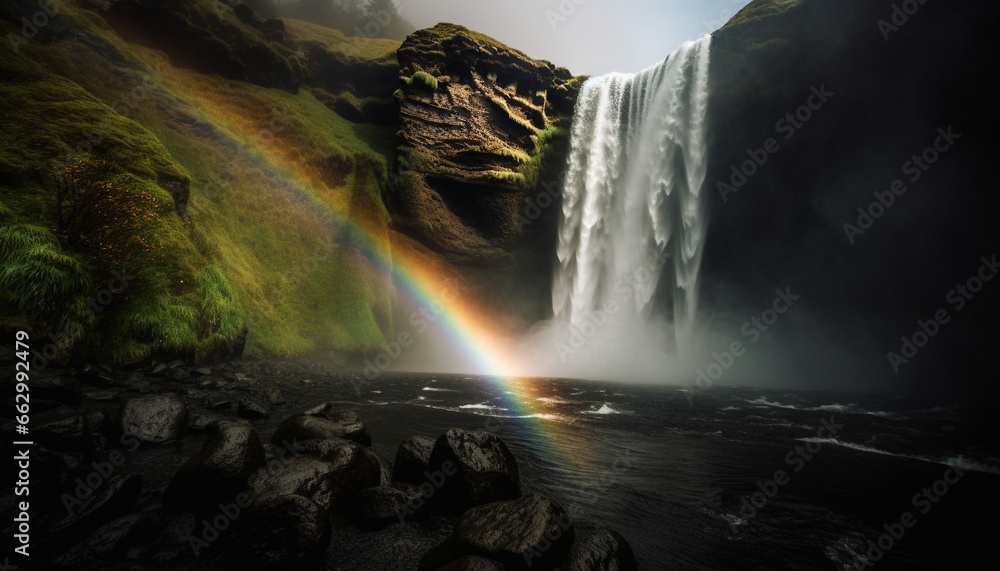 Tranquil scene of majestic mountain range with flowing water and rainbow generated by AI