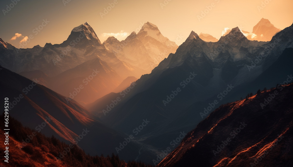 Majestic mountain range, tranquil meadow, back lit by sunrise generated by AI