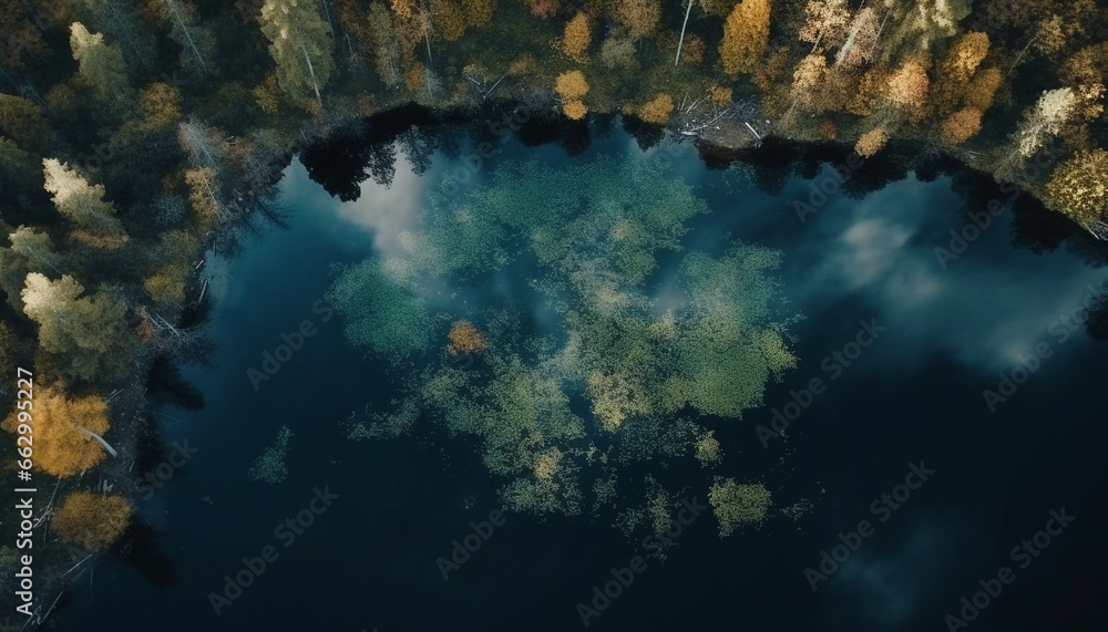 Panoramic aerial view of tropical coastline, underwater reef and forest generated by AI