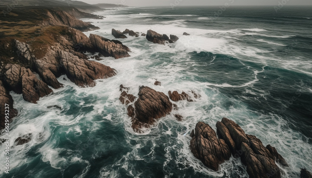 Idyllic sunset over Big Sur extreme terrain, waves breaking on rocks generated by AI